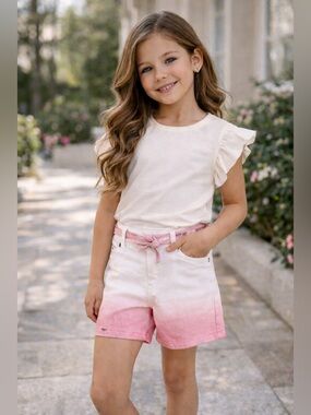 Girls Cream Ruffle Sleeve Top with Pink Ombre Shorts
